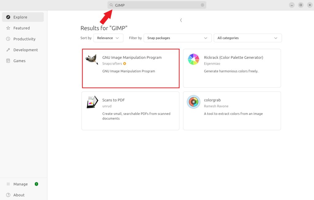 Search GIMP on App Center