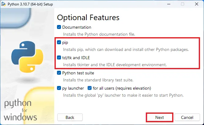 Selecting pip and tcl/tk and IDLE on the Setup Window