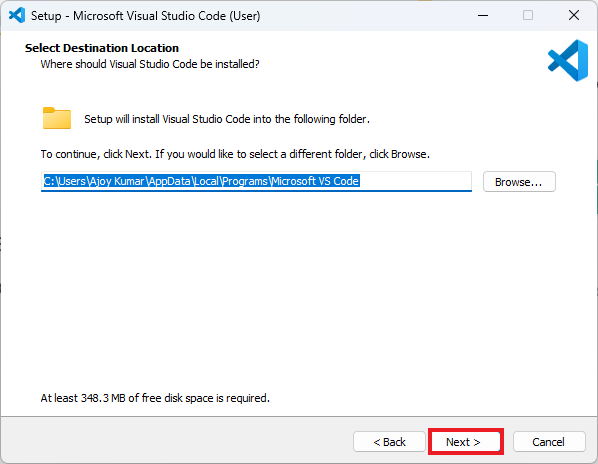 Selecting Installation Location for Visual Studio code