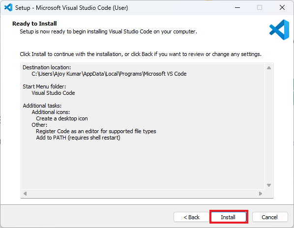 Installation Window for VS Code