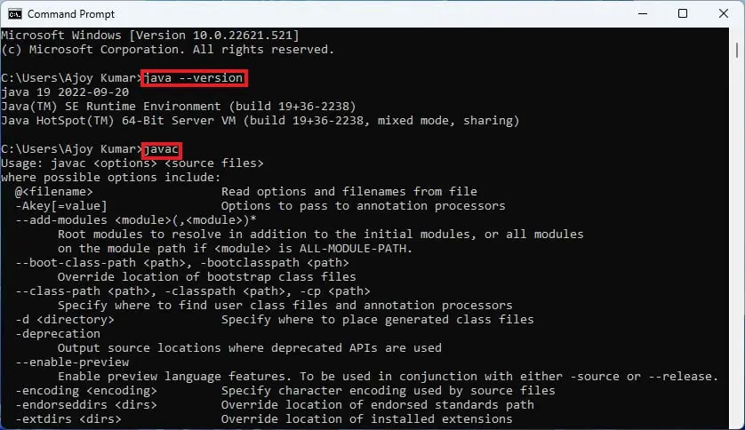 Command Prompt with Java Version Command