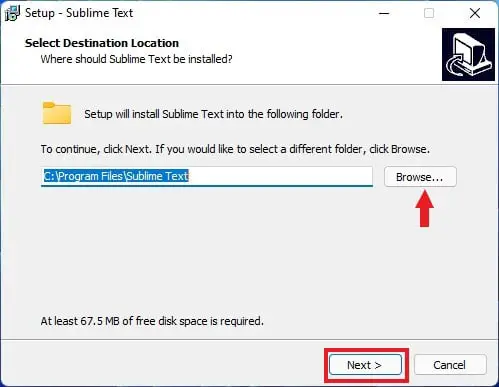 Select Destination Location for Sublime Text