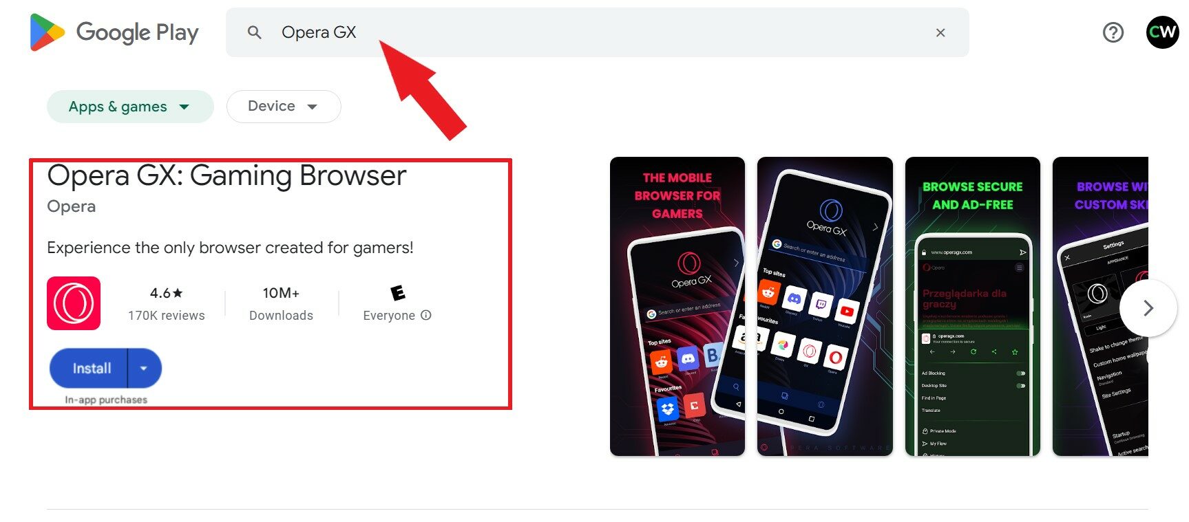Search for Opera GX on Google Play Store