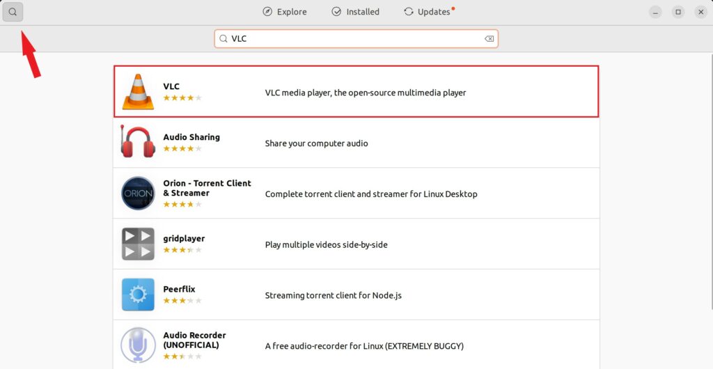 Search for VLC on Ubuntu Software