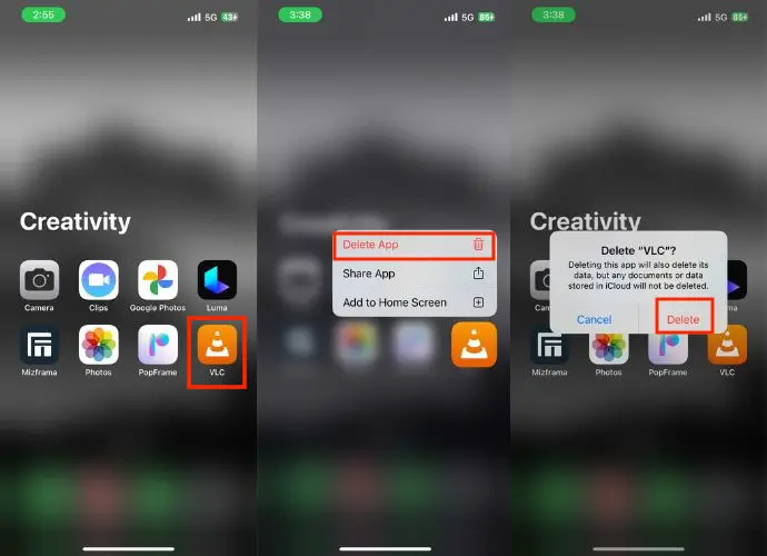 Delete the App to Fix VLC Not Working on iPhone