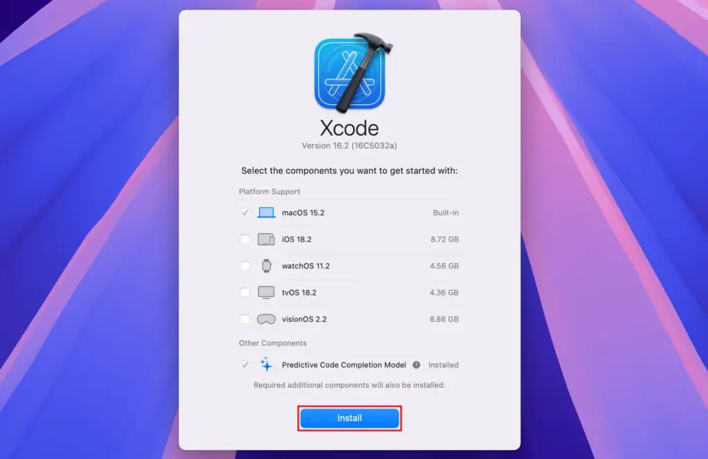 Install the required components for Xcode