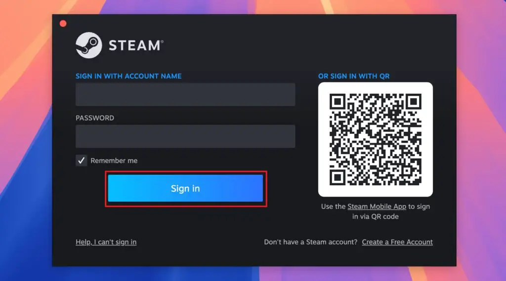 Sign in with account name and password on steam